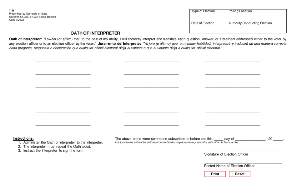 Form 7-58 Oath of Assistance and Oath of Interpreter - Texas (English / Spanish), Page 2