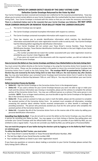 Form 6-11 Early Voting Clerk Corrective Action Form for Defective Carrier Envelope - Texas (English/Spanish)