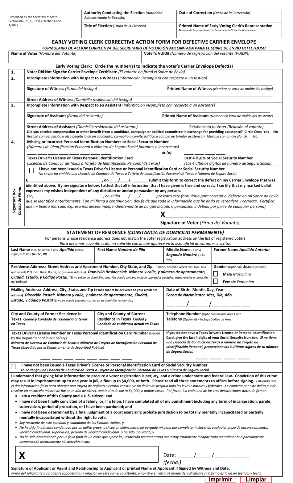 Form 6-11 Evc Notice of Carrier Defect Mailed With Corrective Action Form - Texas (English / Spanish), Page 2
