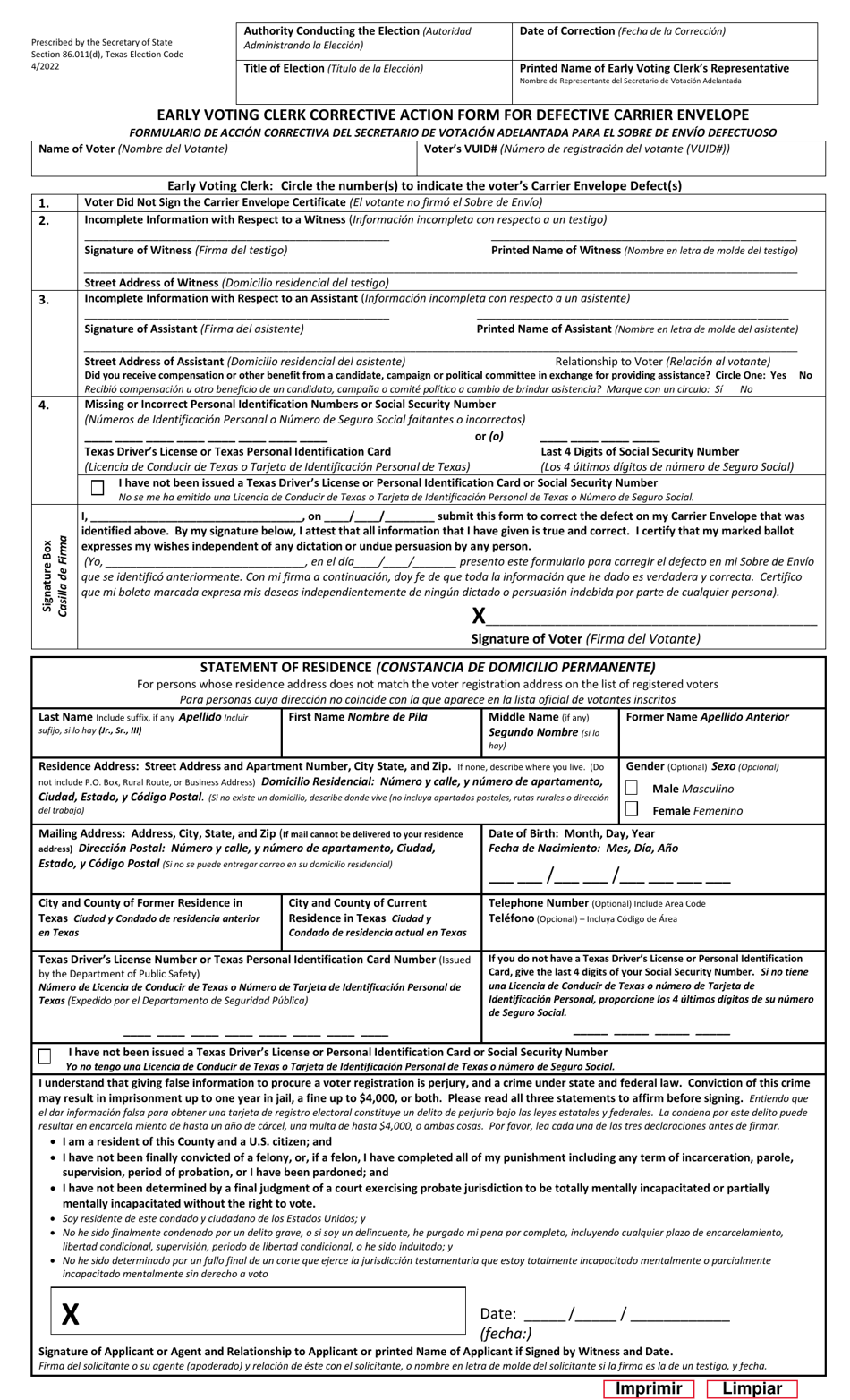 Form 6-12 Evc Notice of Carrier Defect Phone With Corrective Action Form - Texas (English / Spanish), Page 2