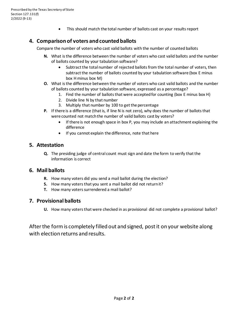 Instructions for Form 9-13 Election Reconciliation - Official Totals - Texas, Page 2