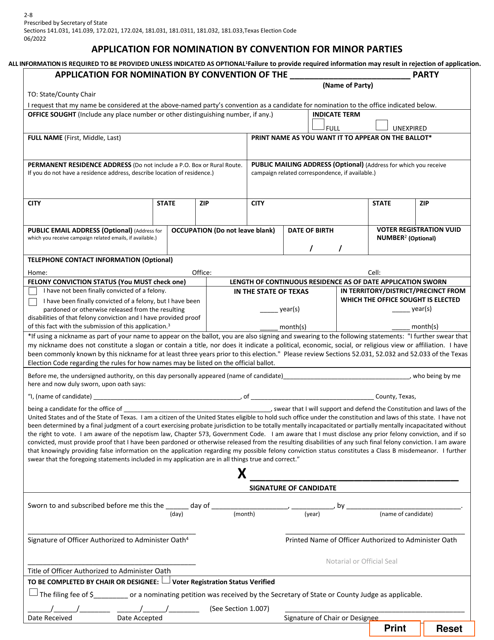 Form 2-8 Application for Nomination by Convention for Minor Parties - Texas (English/Spanish)