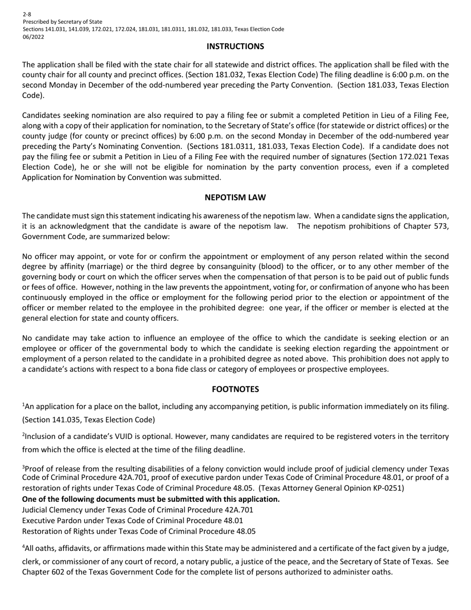Form 2-8 Application for Nomination by Convention for Minor Parties - Texas (English / Spanish), Page 2