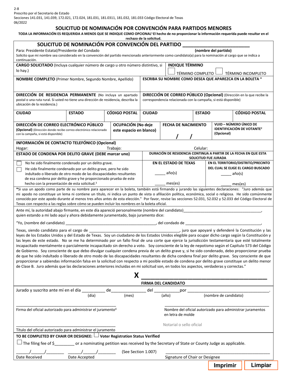 Form 2-8 Application for Nomination by Convention for Minor Parties - Texas (English / Spanish), Page 4