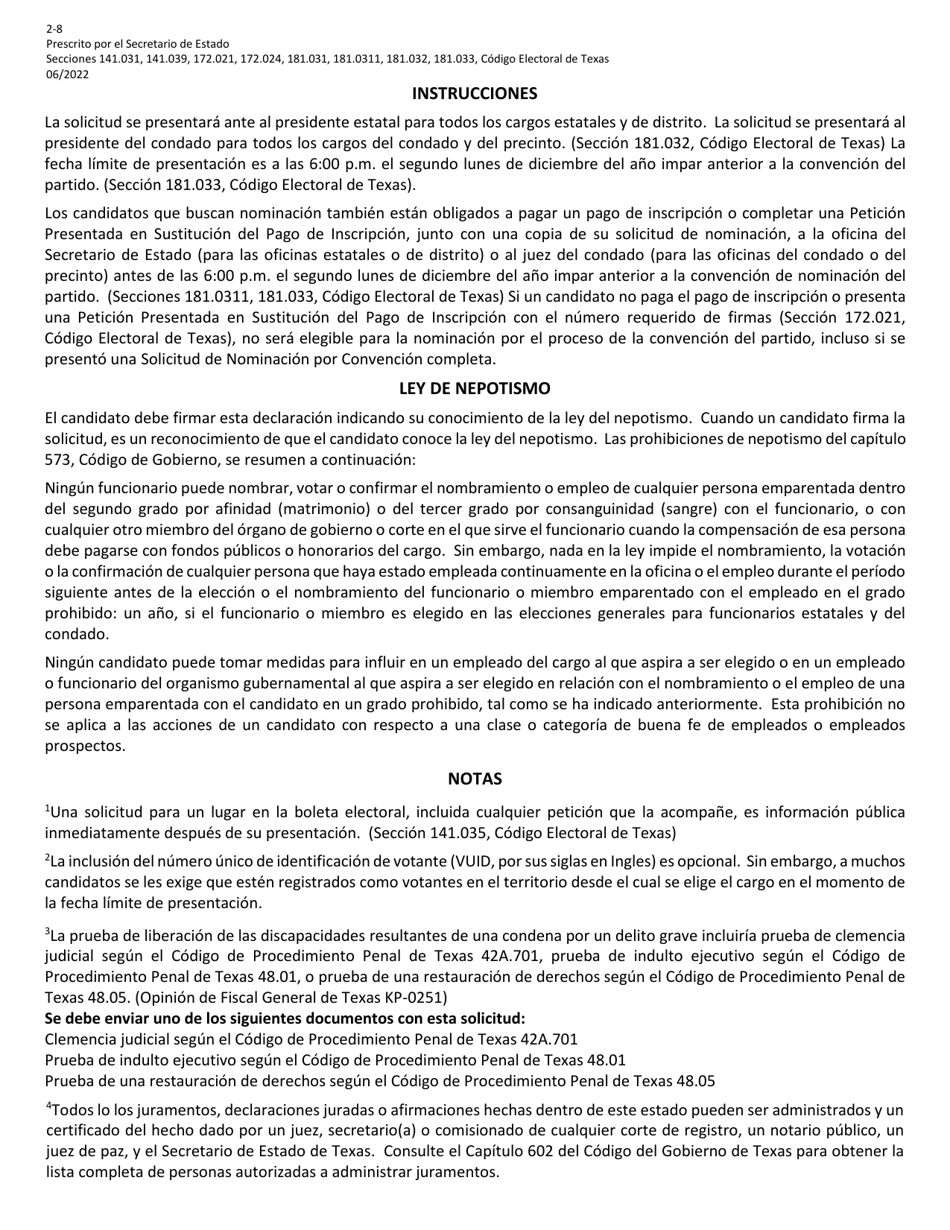 Form 2-8 Application for Nomination by Convention for Minor Parties - Texas (English / Spanish), Page 5