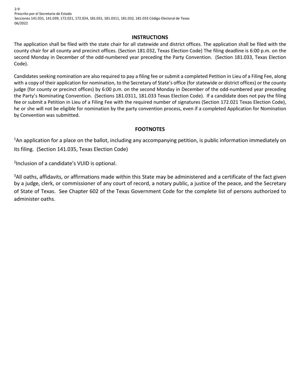 Form 2-9 Application for Nomination by Convention for Minor Parties for a Federal Office - Texas (English / Spanish), Page 2