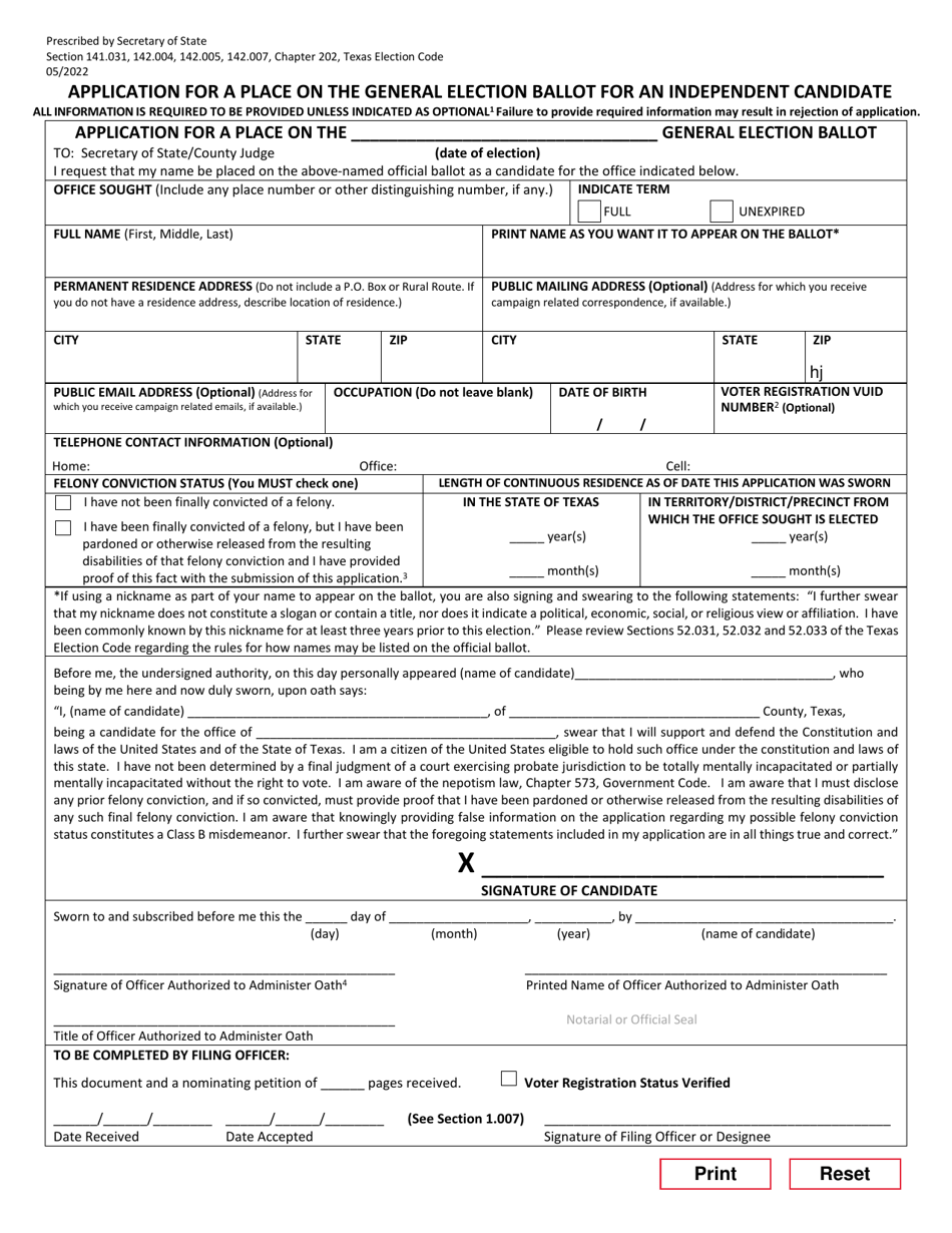 Form 2-14 Application for a Place on the General Election Ballot for an Independent Candidate - Texas (English / Spanish), Page 1