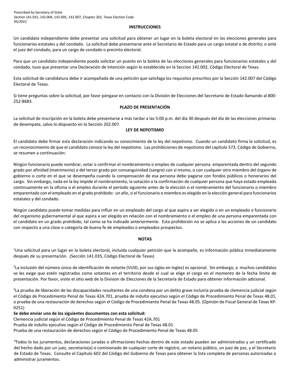 Form 2-14 Application for a Place on the General Election Ballot for an Independent Candidate - Texas (English / Spanish), Page 4