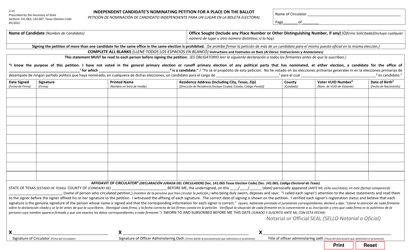 Document preview: Form 2-15 Independent Candidate's Nominating Petition for a Place on the Ballot - Texas (English/Spanish)