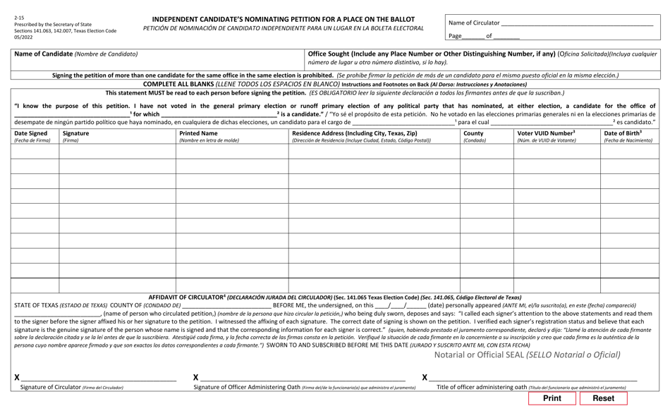Form 2-15 Independent Candidates Nominating Petition for a Place on the Ballot - Texas (English / Spanish), Page 1