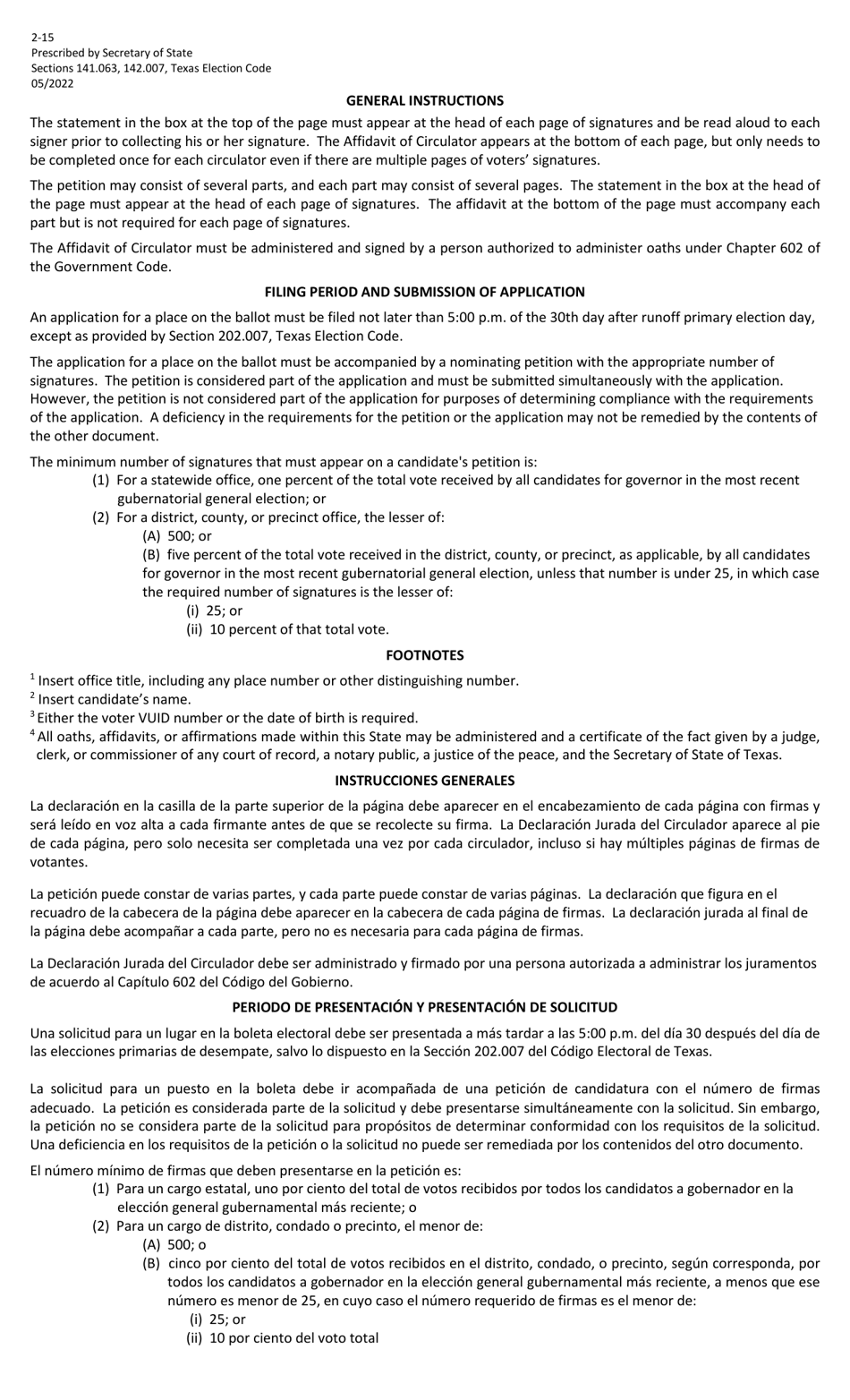 Form 2-15 Independent Candidates Nominating Petition for a Place on the Ballot - Texas (English / Spanish), Page 2