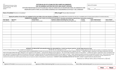 Document preview: Form 2-17 Petition in Lieu of a Filing Fee for a Write-In Candidate for the General Election for State and County Officers - Texas (English/Spanish)