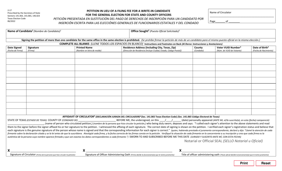 Form 2-17 Petition in Lieu of a Filing Fee for a Write-In Candidate for the General Election for State and County Officers - Texas (English / Spanish), Page 1