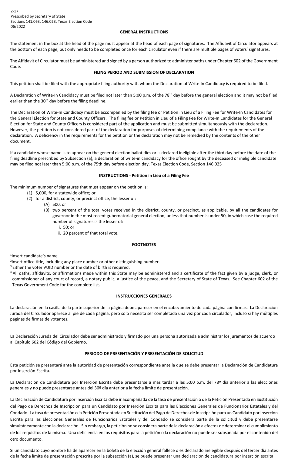 Form 2-17 Petition in Lieu of a Filing Fee for a Write-In Candidate for the General Election for State and County Officers - Texas (English / Spanish), Page 2