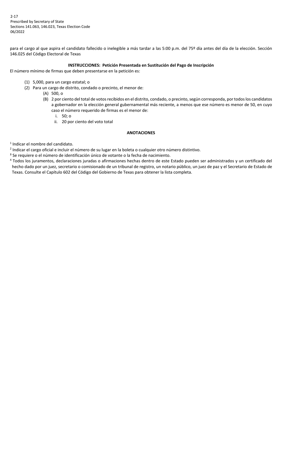 Form 2-17 Petition in Lieu of a Filing Fee for a Write-In Candidate for the General Election for State and County Officers - Texas (English / Spanish), Page 3
