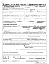 Document preview: Form 2-16 Declaration of Write-In Candidacy for General Election for State and County Officers - Texas (English/Spanish)