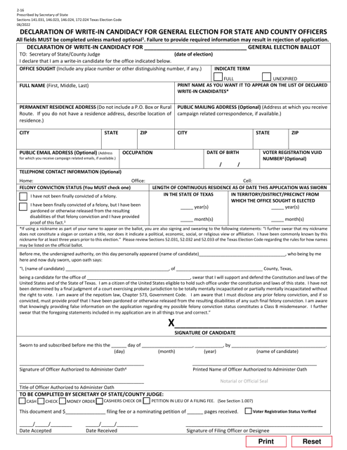 Form 2-16 Declaration of Write-In Candidacy for General Election for State and County Officers - Texas (English/Spanish)