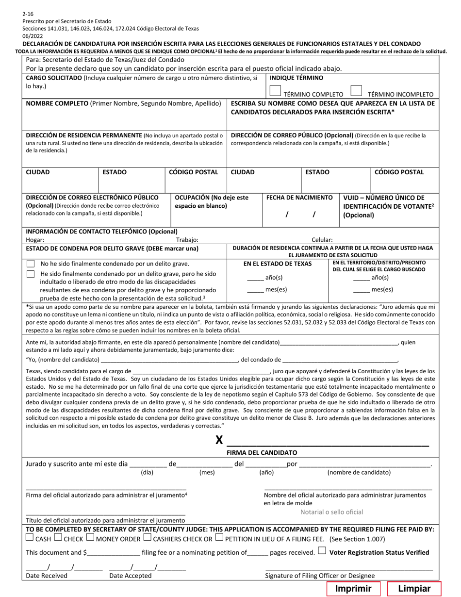 Form 2-16 Declaration of Write-In Candidacy for General Election for State and County Officers - Texas (English / Spanish), Page 4