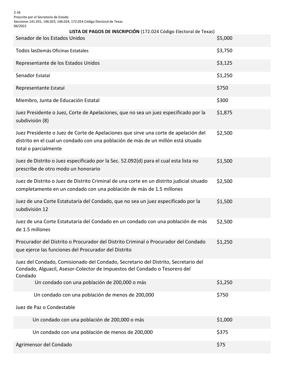 Form 2-16 Declaration of Write-In Candidacy for General Election for State and County Officers - Texas (English / Spanish), Page 6