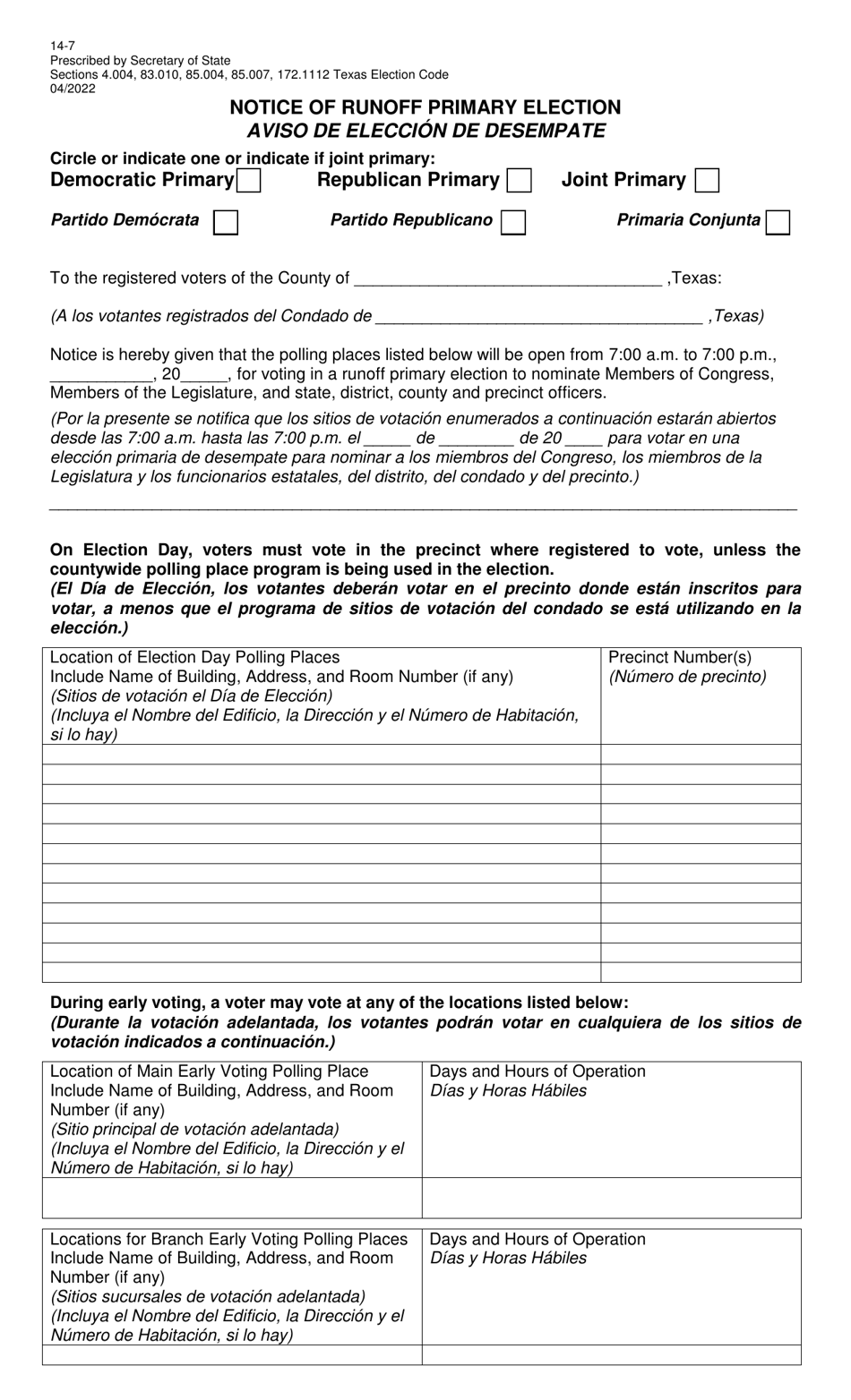 Form 14-7 Notice of Runoff Primary Election - Texas (English / Spanish), Page 1