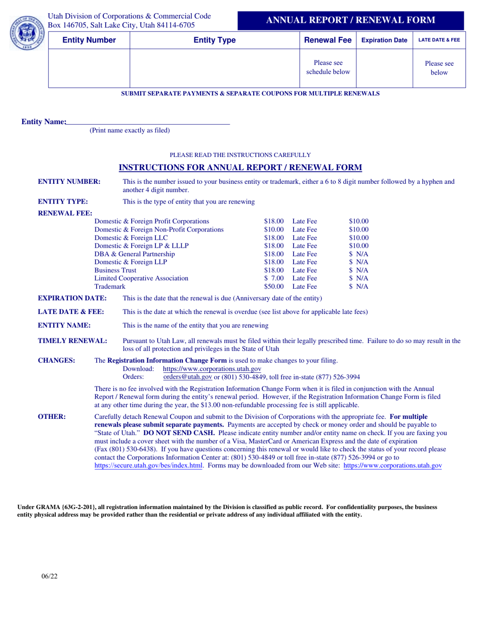 Annual Report / Renewal Form - Utah, Page 1