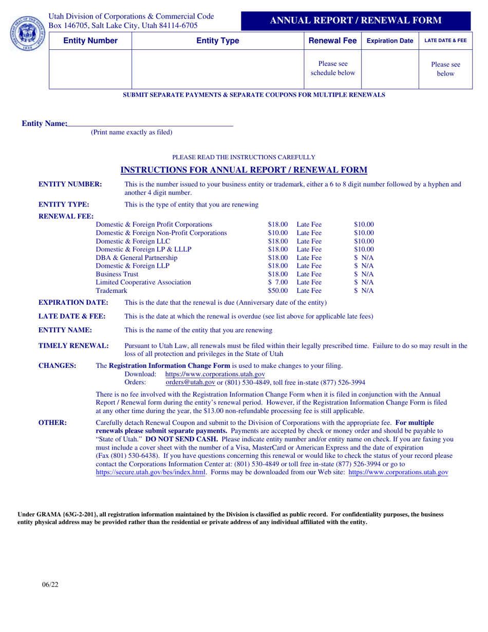 Utah Annual Report/Renewal Form Download Fillable PDF Templateroller