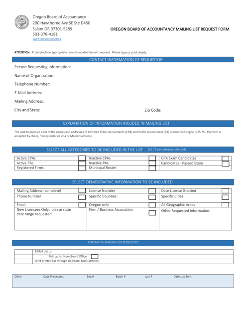 Mailing List Request Form - Oregon Download Pdf