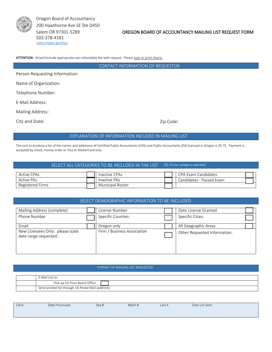 Mailing List Request Form - Oregon, Page 1