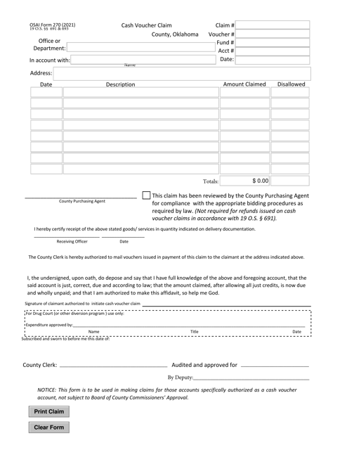 OSAI Form 270 Cash Voucher Claim - Oklahoma