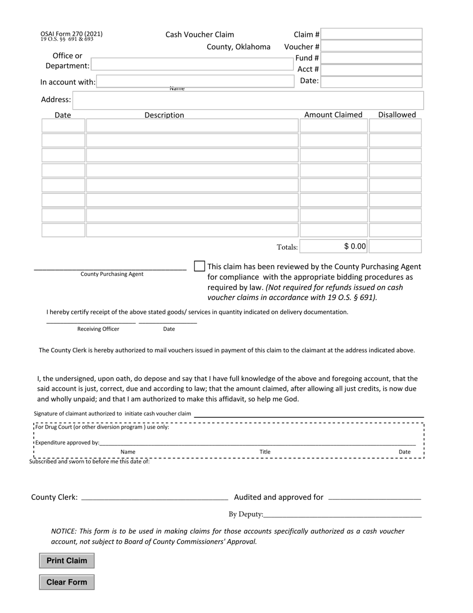 OSAI Form 270 Cash Voucher Claim - Oklahoma, Page 1