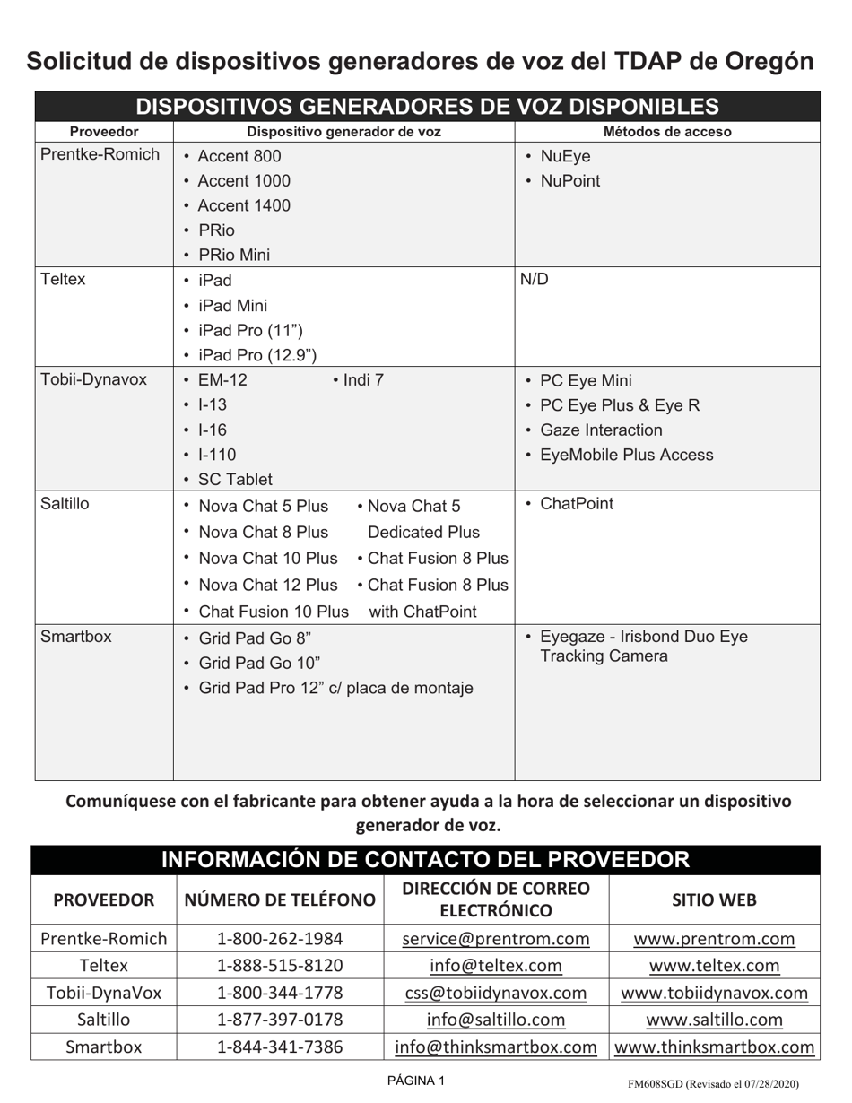 Formulario FM608SGD Solicitud De Dispositivos Generadores De Voz - Tdap De Oregon - Oregon (Spanish), Page 2