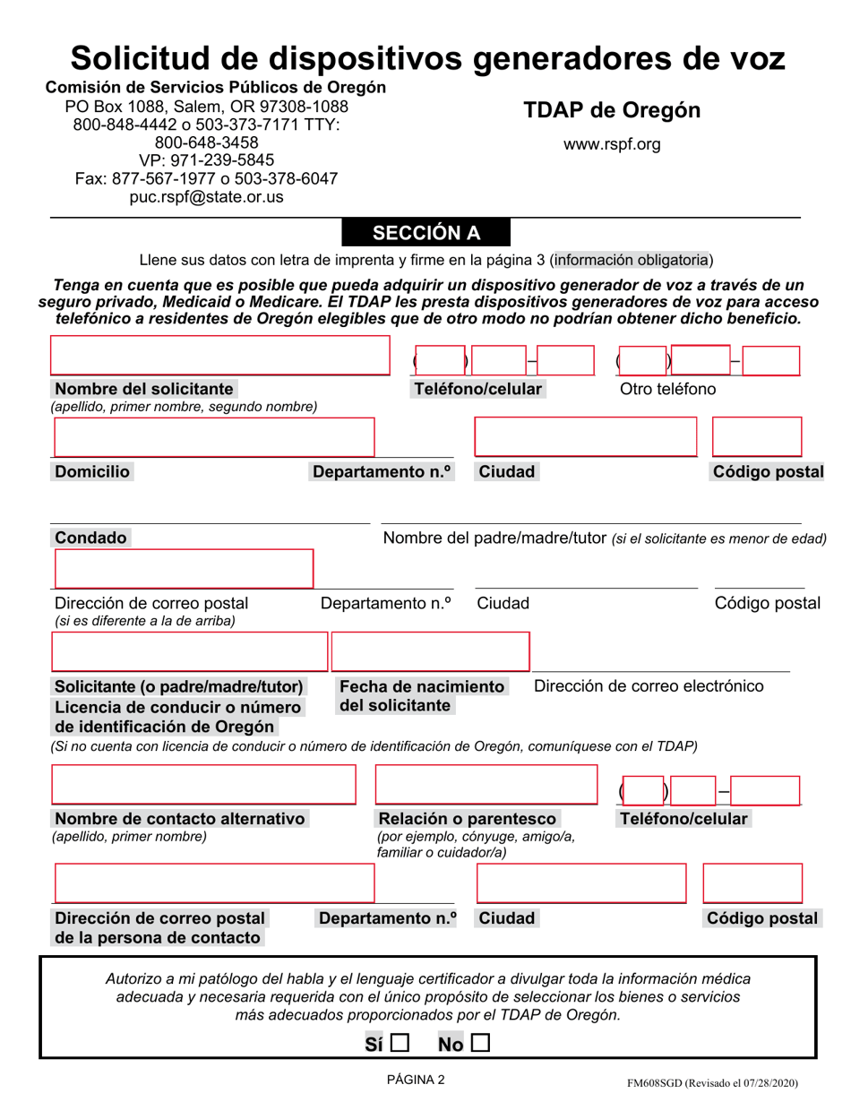 Formulario FM608SGD Solicitud De Dispositivos Generadores De Voz - Tdap De Oregon - Oregon (Spanish), Page 3