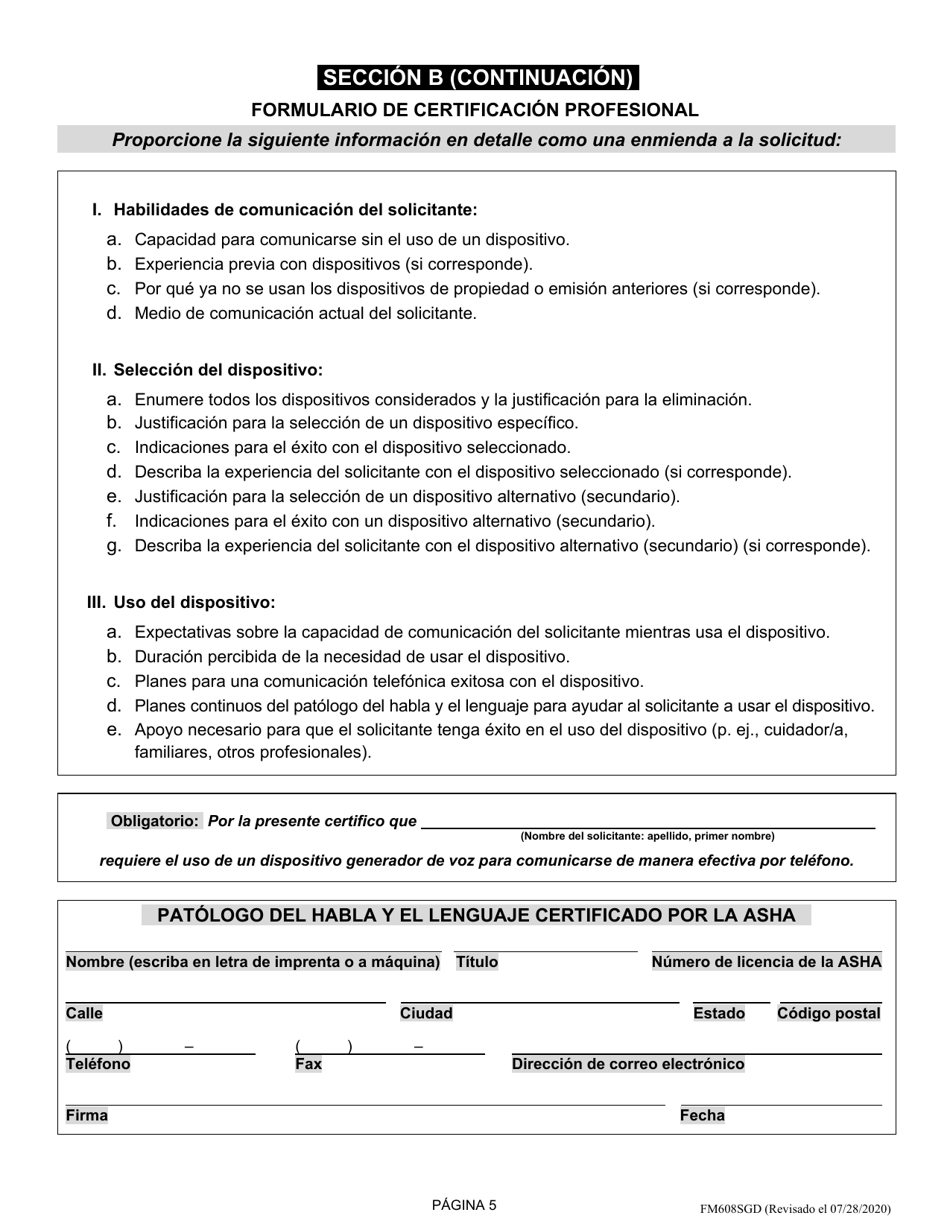 Formulario FM608SGD Solicitud De Dispositivos Generadores De Voz - Tdap De Oregon - Oregon (Spanish), Page 6