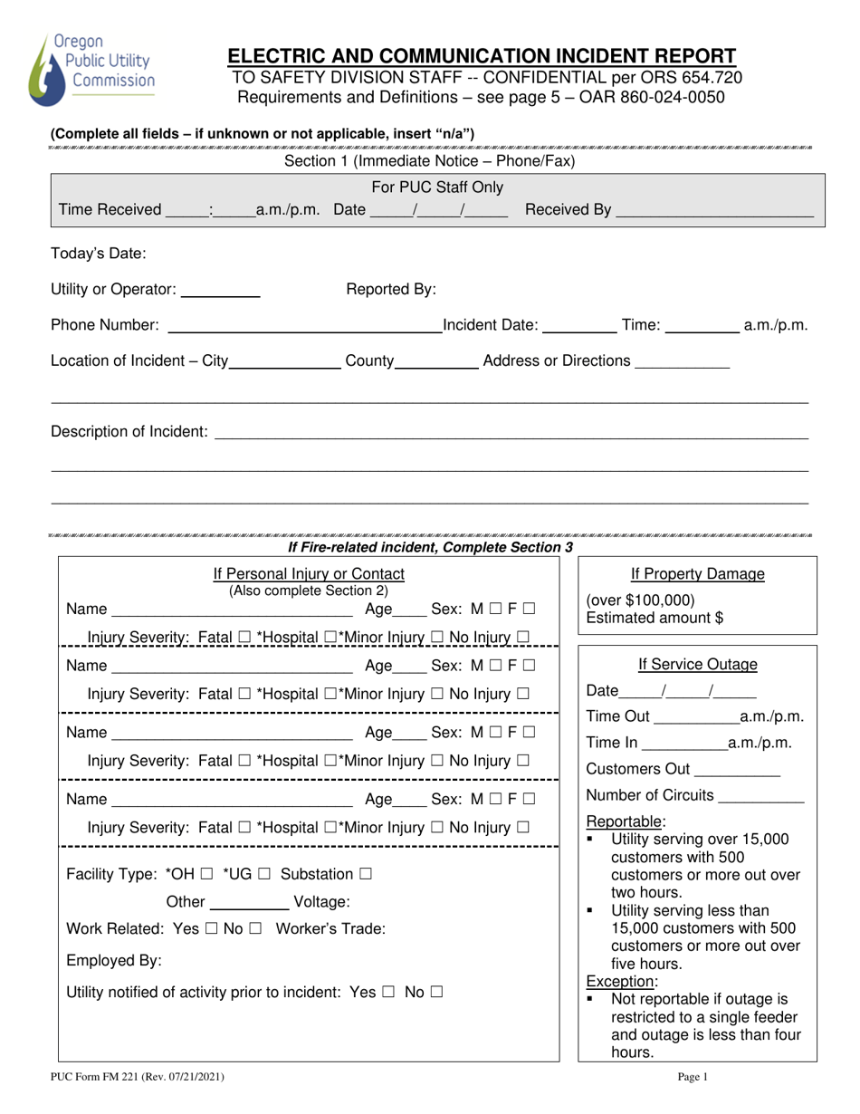 PUC Form FM221 Electric and Communication Incident Report - Oregon, Page 1