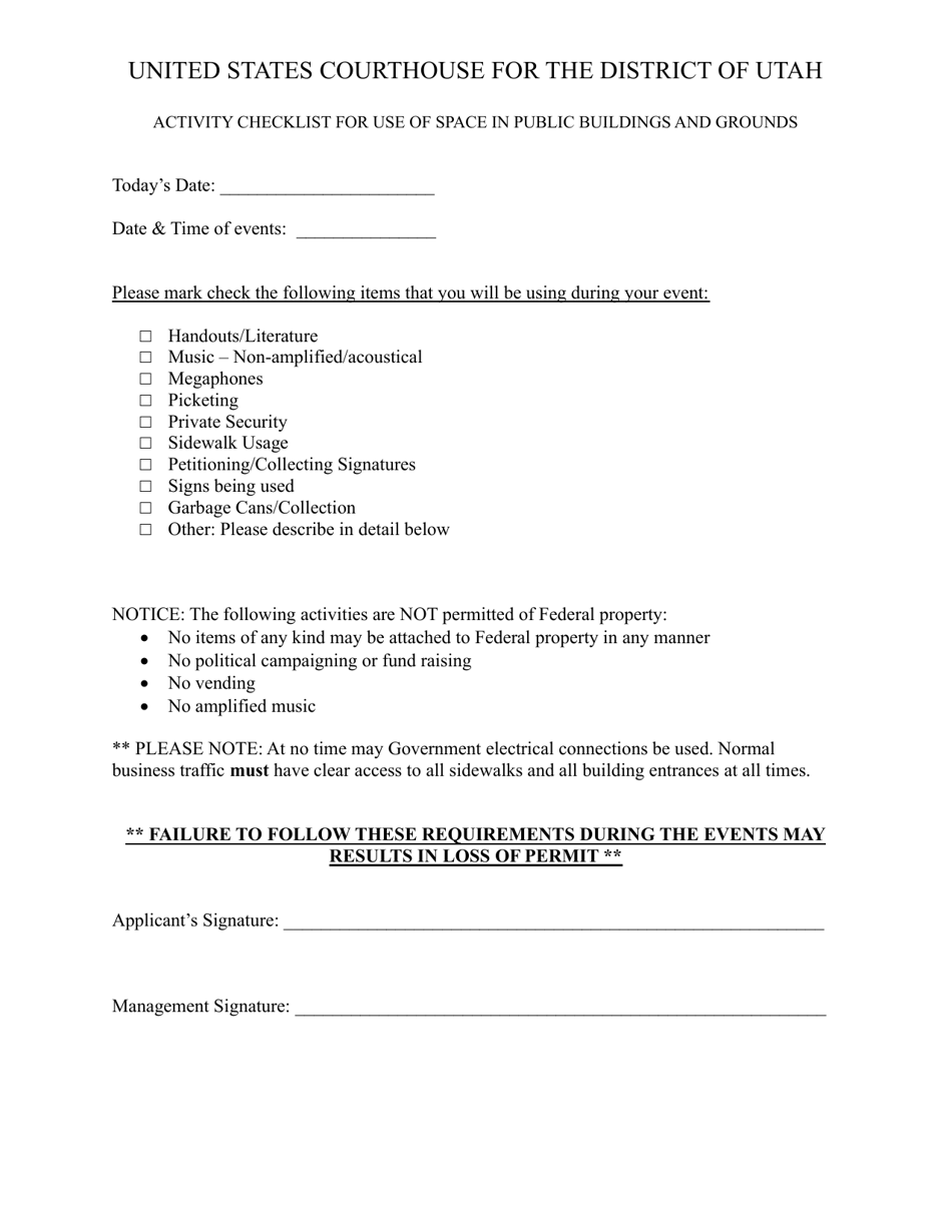 Activity Checklist for Use of Space in Public Buildings and Grounds - Utah, Page 1