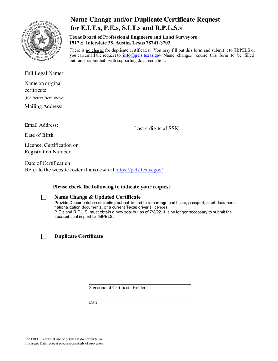 Name Change and / or Duplicate Certificate Request for E.i.t.s, P.e.s, S.i.t.s and R.p.l.s.s - Texas, Page 1