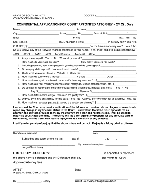 Confidential Application for Court Appointed Attorney - 2nd Circuit Only - South Dakota Download Pdf