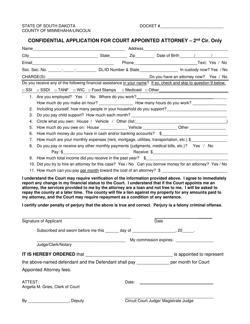 Confidential Application for Court Appointed Attorney - 2nd Circuit Only - South Dakota, Page 1