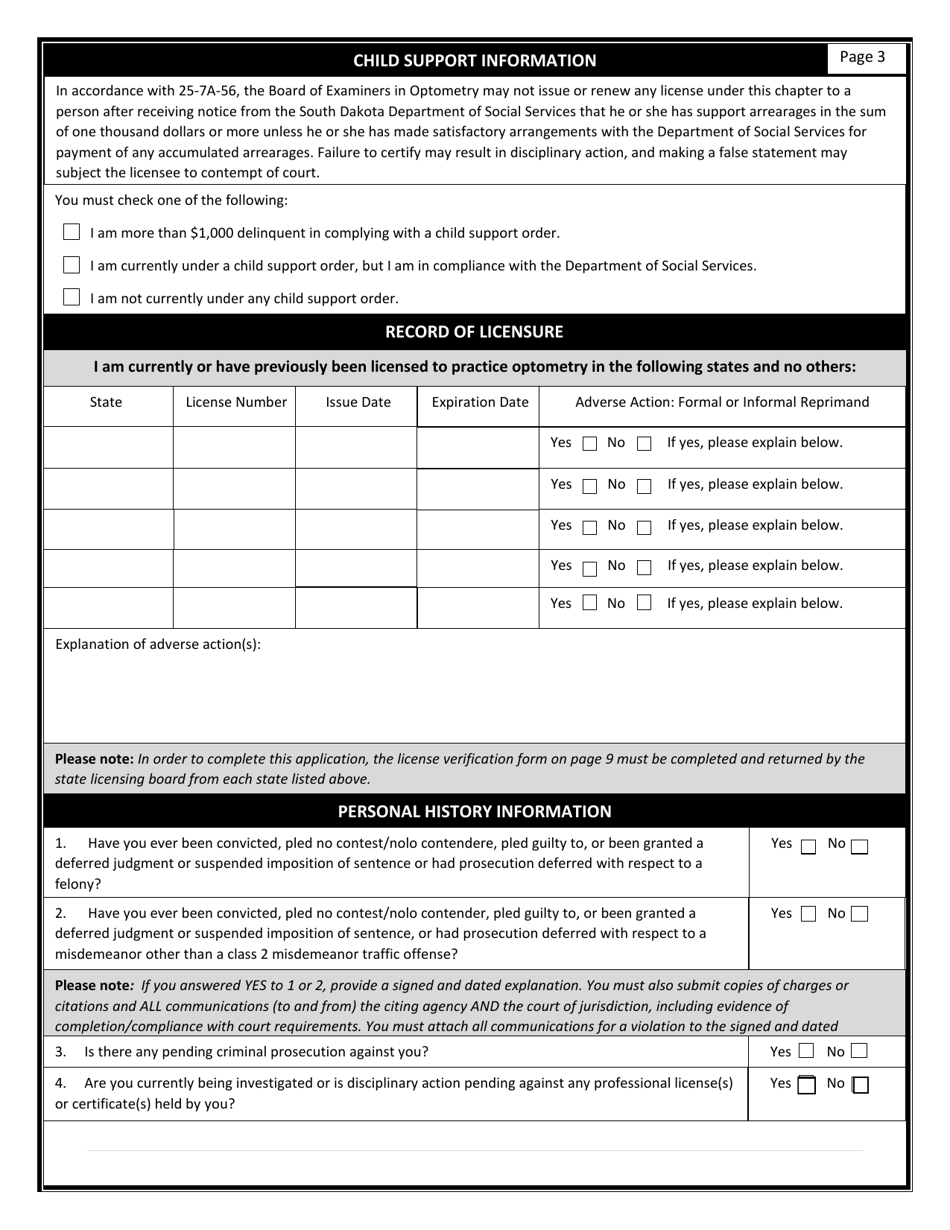 Optometry License Application - South Dakota, Page 4