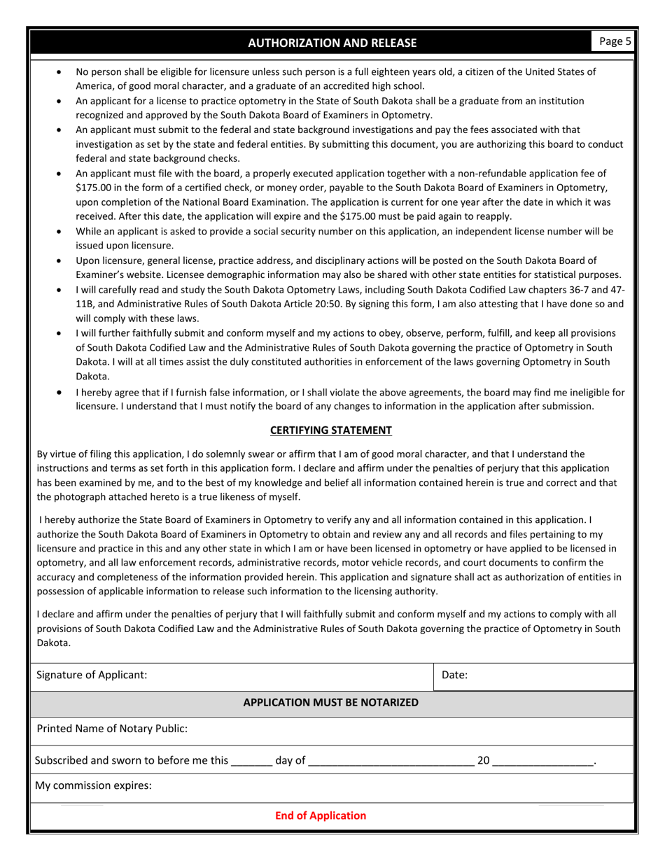 Optometry License Application - South Dakota, Page 6