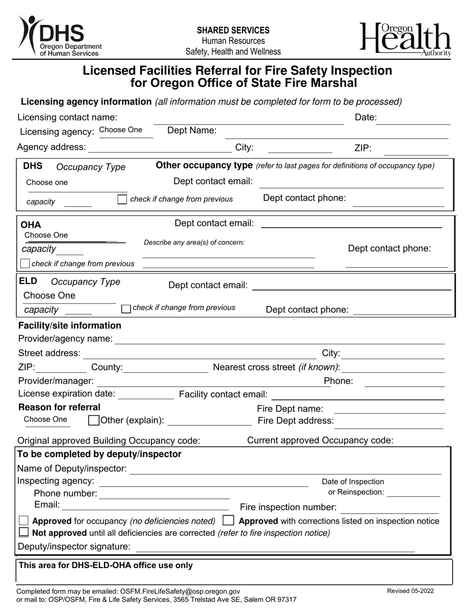 Licensed Facilities Referral for Fire Safety Inspection for Oregon Office of State Fire Marshal - Oregon, Page 1