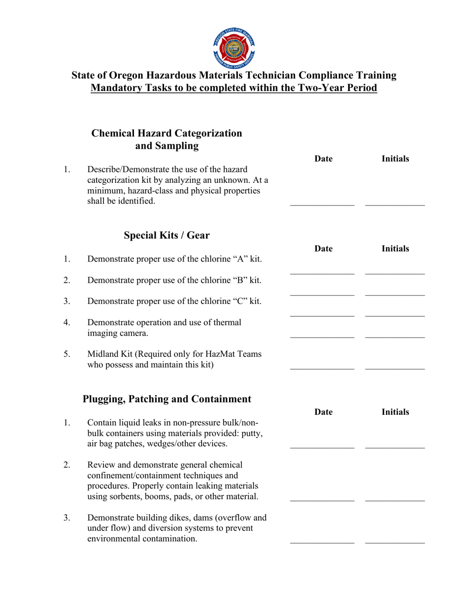 Hazardous Materials Technician Individual Compliance Training Worksheet - Oregon, Page 5