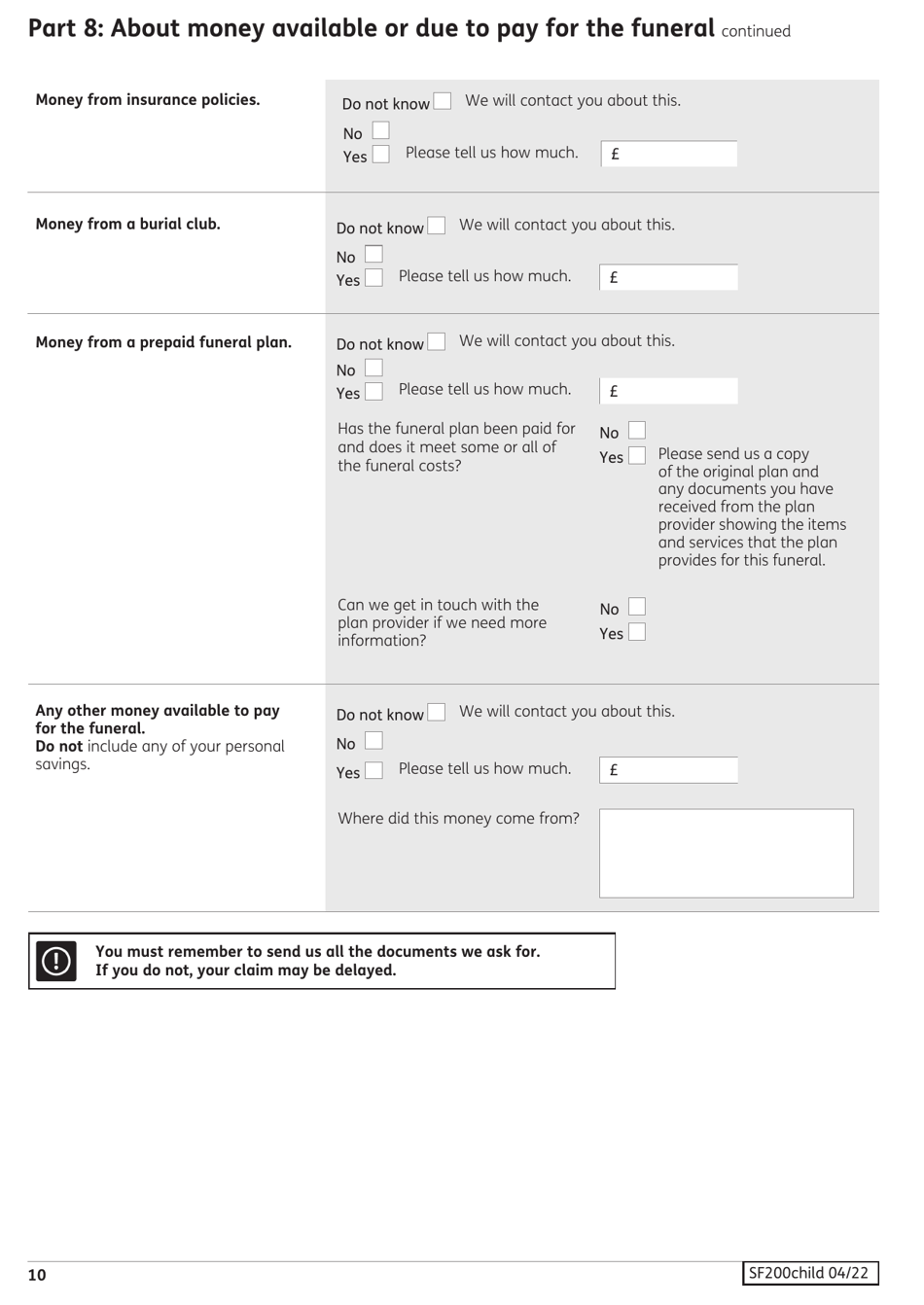 Form SF200CHILD Social Fund Funeral Expenses Payment for a Child - United Kingdom, Page 11