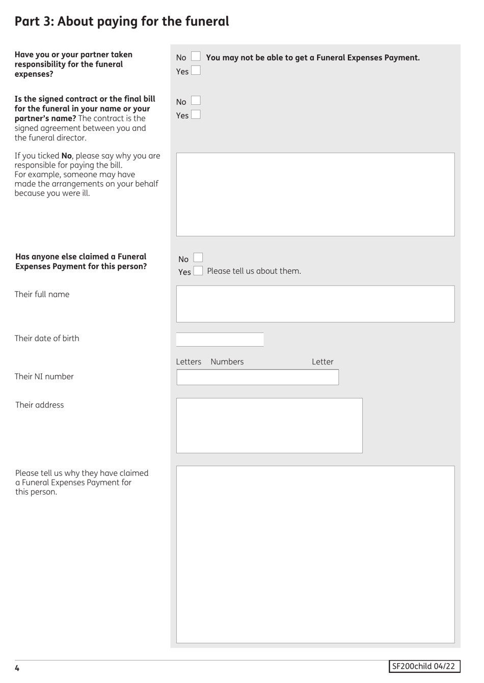 Form SF200CHILD Social Fund Funeral Expenses Payment for a Child - United Kingdom, Page 5
