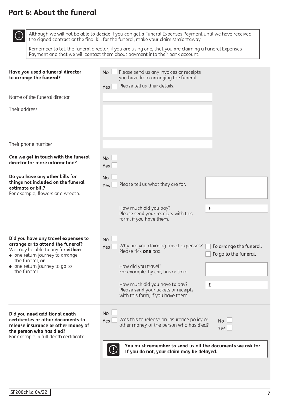 Form SF200CHILD Social Fund Funeral Expenses Payment for a Child - United Kingdom, Page 8