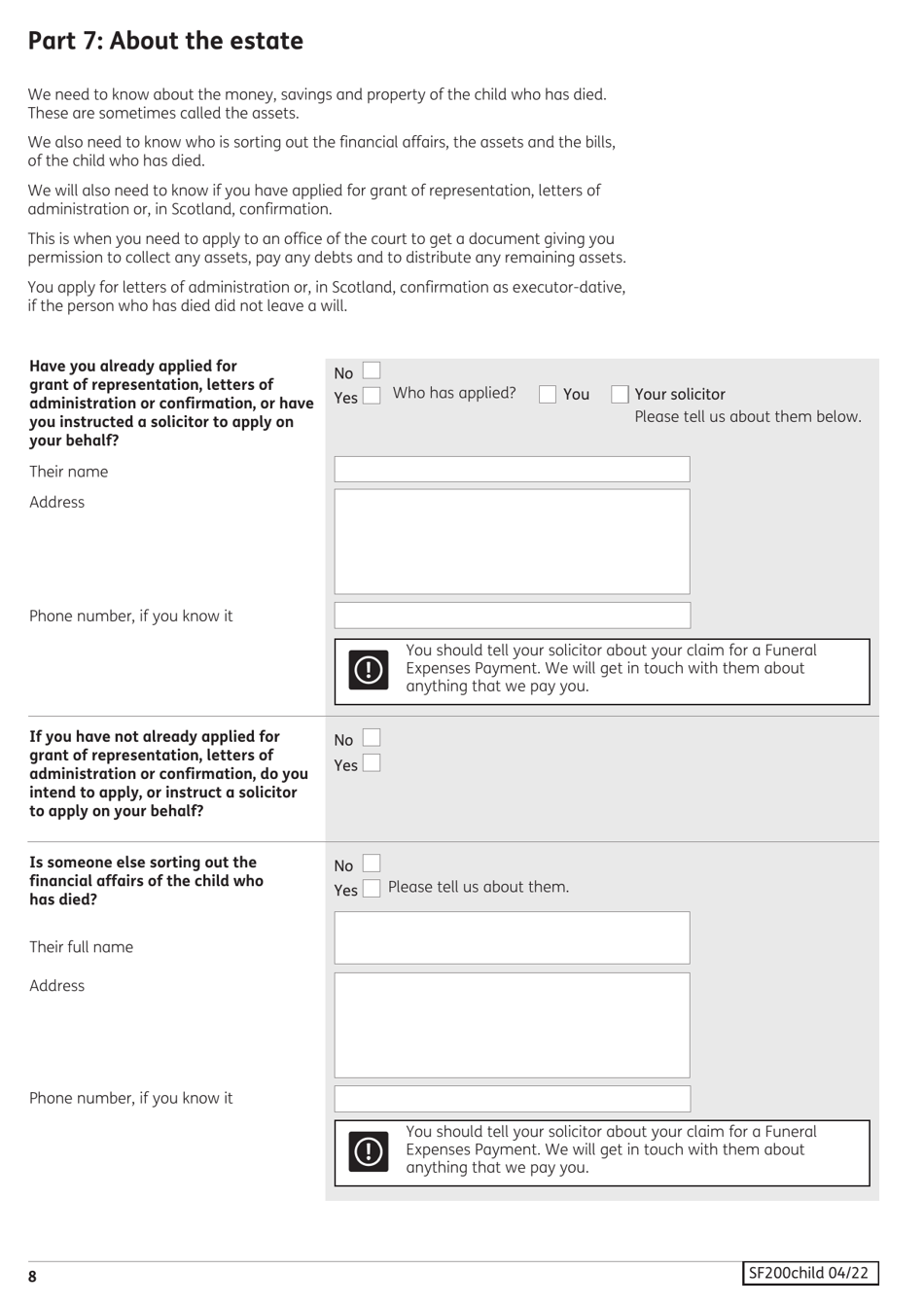 Form SF200CHILD Social Fund Funeral Expenses Payment for a Child - United Kingdom, Page 9