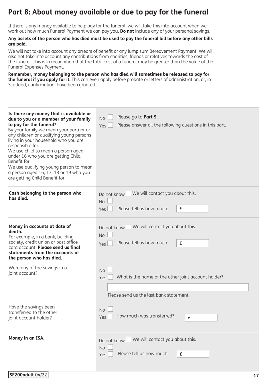 Form SF200ADULT Social Fund Funeral Expenses Payment for an Adult - United Kingdom, Page 18