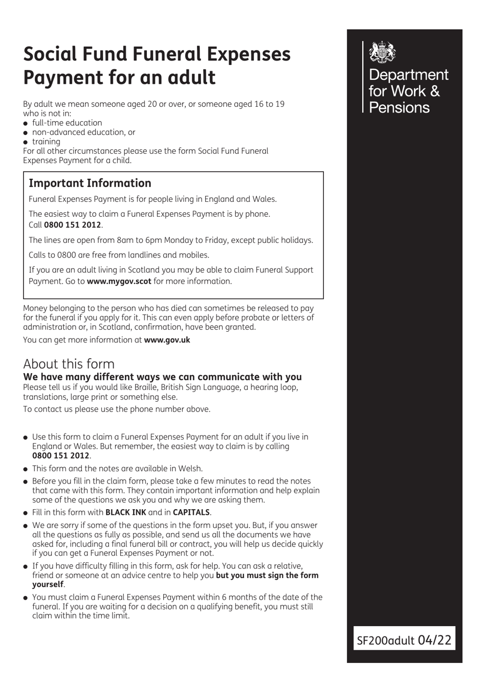 Form SF200ADULT Social Fund Funeral Expenses Payment for an Adult - United Kingdom, Page 2