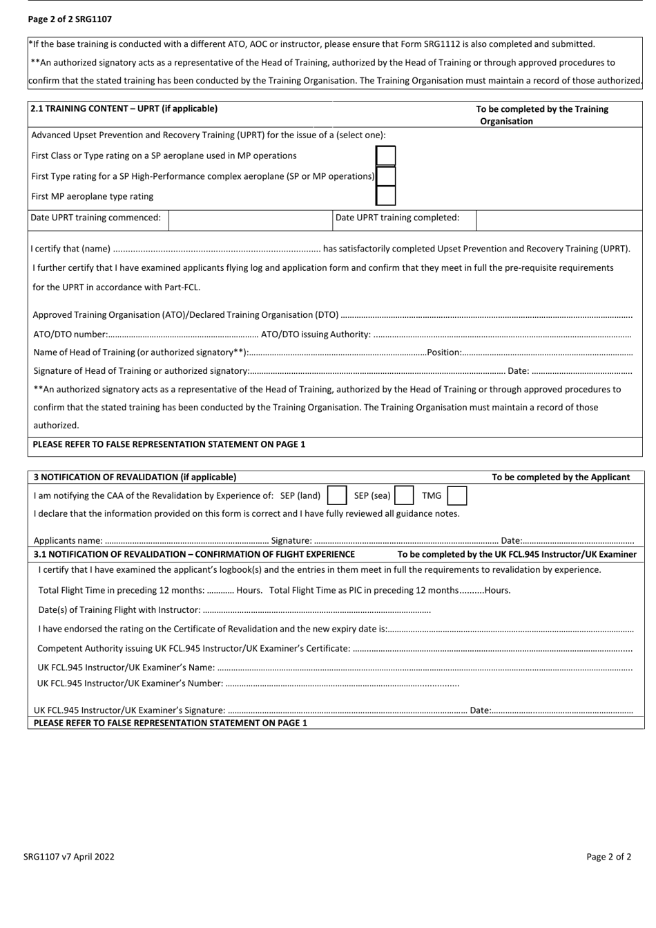 Form SRG1107 Course Completion Certificate for Issue, Revalidation, Renewal or Variation of a Single or Multi-Pilot Type / Class Rating or the Renewal of an Instrument Rating - United Kingdom, Page 2