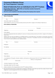 Document preview: Form CMG3002 Deed of Indemnity From an Individual to the Att Trustees - Overtrading Indemnity - SBA Atol (Or Franchise Member Licensed for 1,000 Passengers or Fewer) - United Kingdom